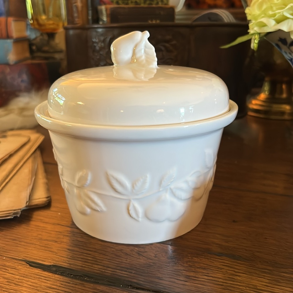 White Ceramic Lidded Crock with Fruit Design
